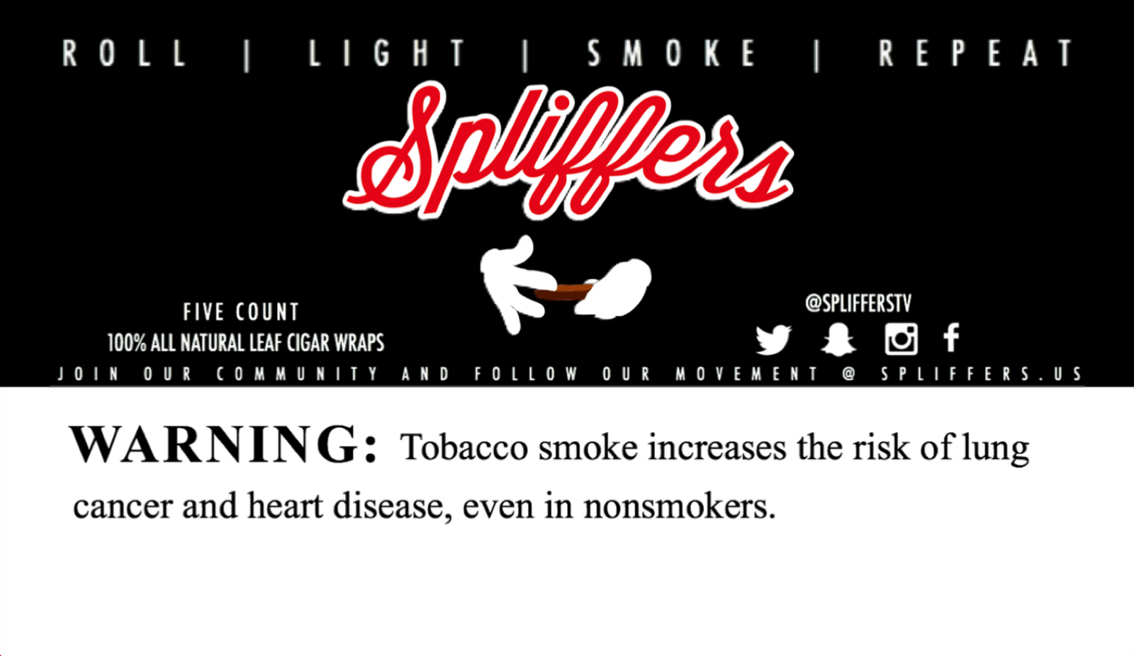 Spliffers package label with roll light smoke repeat copy