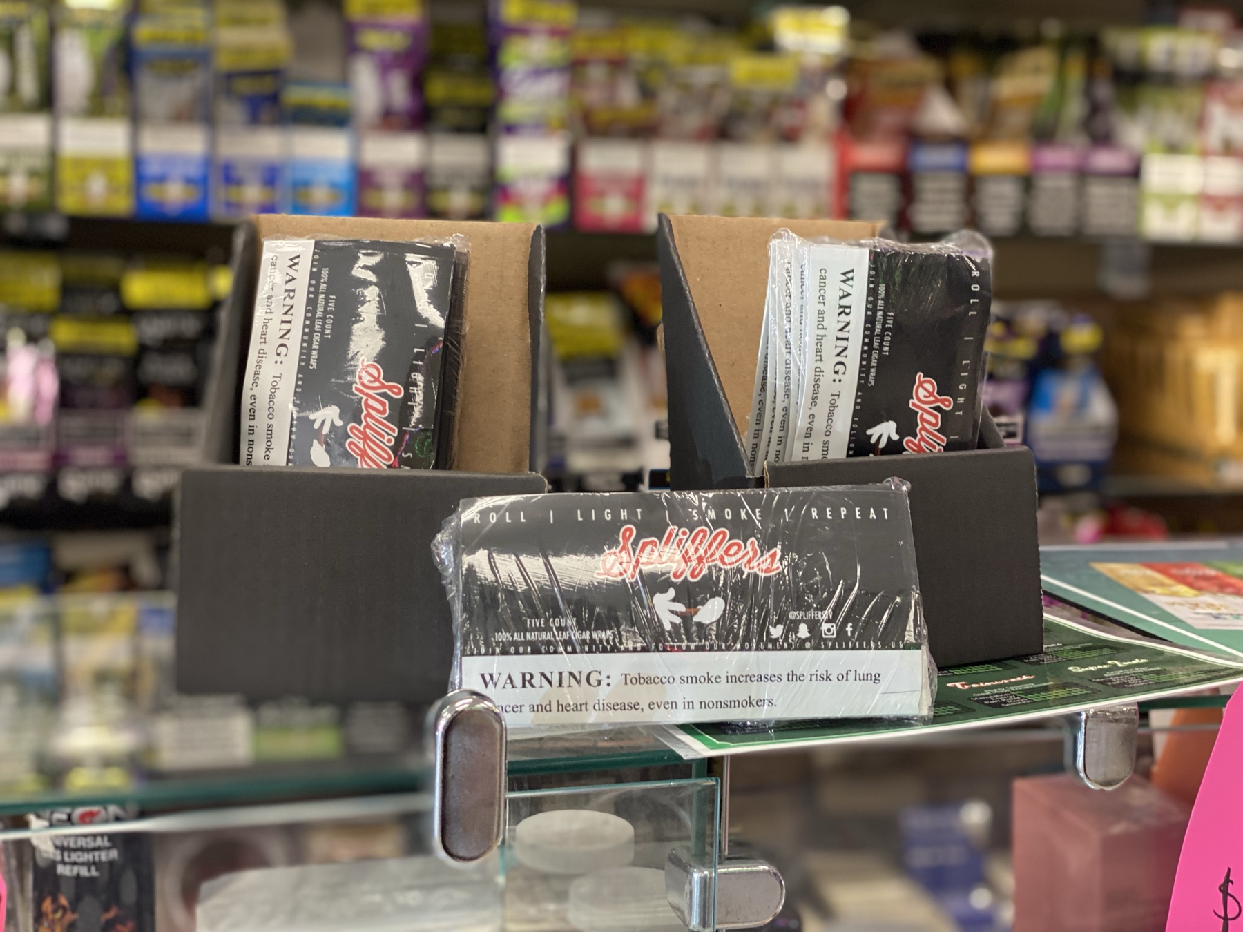Spliffers packs displayed on a smoke shop shelf